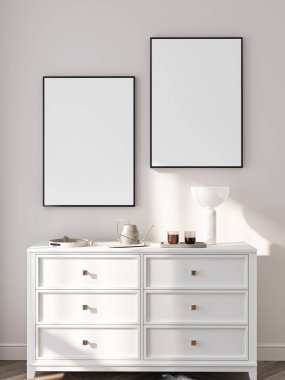 Çerçeve modeli, ISO. Kağıt boyutunda. Oturma odasının poster modeli. Evin arka planına sahip iç modeller. Modern iç tasarım. 3 Boyutlu Hazırlama