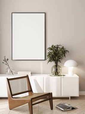 Çerçeve modeli, ISO. Kağıt boyutunda. Oturma odasının poster modeli. Evin arka planına sahip iç modeller. Modern iç tasarım. 3 Boyutlu Hazırlama