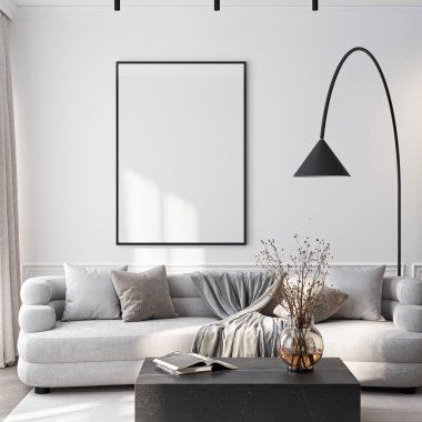 Çerçeve modeli, ISO. Kağıt boyutunda. Oturma odasının poster modeli. Evin arka planına sahip iç modeller. Modern iç tasarım. 3 Boyutlu Hazırlama