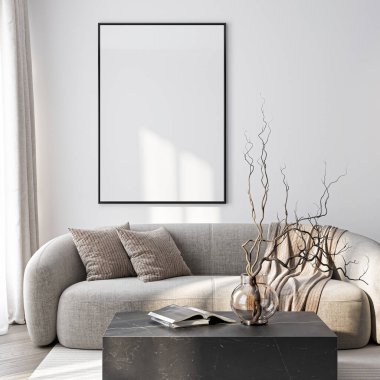 Çerçeve modeli, ISO. Kağıt boyutunda. Oturma odasının poster modeli. Evin arka planına sahip iç modeller. Modern iç tasarım. 3 Boyutlu Hazırlama