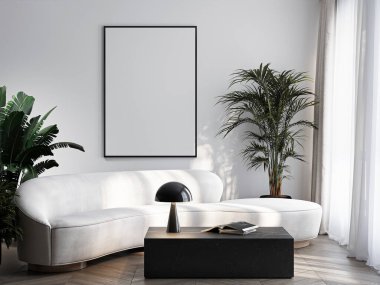 Çerçeve modeli, ISO. Kağıt boyutunda. Oturma odasının poster modeli. Evin arka planına sahip iç modeller. Modern iç tasarım. 3 Boyutlu Hazırlama