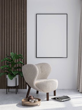 Çerçeve modeli, ISO. Kağıt boyutunda. Oturma odasının poster modeli. Evin arka planına sahip iç modeller. Modern iç tasarım. 3 Boyutlu Hazırlama