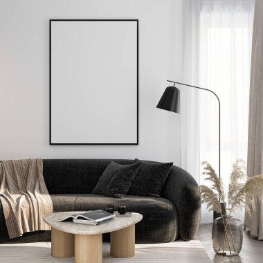 Çerçeve modeli, ISO. Kağıt boyutunda. Oturma odasının poster modeli. Evin arka planına sahip iç modeller. Modern iç tasarım. 3 Boyutlu Hazırlama