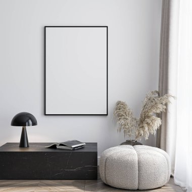 Çerçeve modeli, ISO. Kağıt boyutunda. Oturma odasının poster modeli. Evin arka planına sahip iç modeller. Modern iç tasarım. 3 Boyutlu Hazırlama