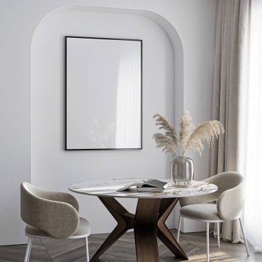 Çerçeve modeli, ISO. Kağıt boyutunda. Oturma odasının poster modeli. Evin arka planına sahip iç modeller. Modern iç tasarım. 3 Boyutlu Hazırlama