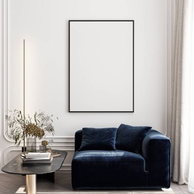 Çerçeve modeli, ISO. Kağıt boyutunda. Oturma odasının poster modeli. Evin arka planına sahip iç modeller. Modern iç tasarım. 3 Boyutlu Hazırlama