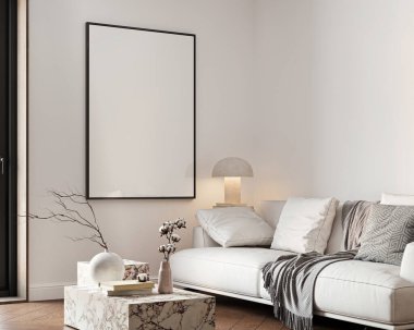 Çerçeve modeli, ISO. Kağıt boyutunda. Oturma odasının poster modeli. Evin arka planına sahip iç modeller. Modern iç tasarım. 3 Boyutlu Hazırlama