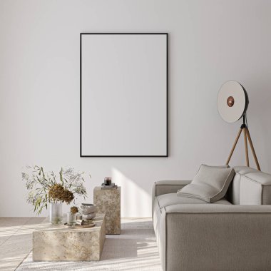 Çerçeve modeli, ISO. Kağıt boyutunda. Oturma odasının poster modeli. Evin arka planına sahip iç modeller. Modern iç tasarım. 3 Boyutlu Hazırlama