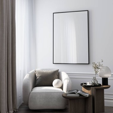 Çerçeve modeli, ISO. Kağıt boyutunda. Oturma odasının poster modeli. Evin arka planına sahip iç modeller. Modern iç tasarım. 3 Boyutlu Hazırlama