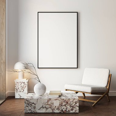 Çerçeve modeli, ISO. Kağıt boyutunda. Oturma odasının poster modeli. Evin arka planına sahip iç modeller. Modern iç tasarım. 3 Boyutlu Hazırlama