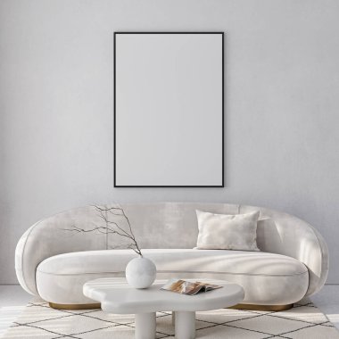 Çerçeve modeli, ISO. Kağıt boyutunda. Oturma odasının poster modeli. Evin arka planına sahip iç modeller. Modern iç tasarım. 3 Boyutlu Hazırlama