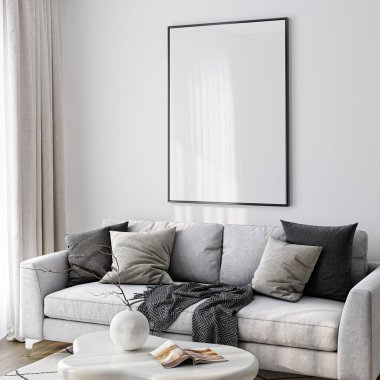 Çerçeve modeli, ISO. Kağıt boyutunda. Oturma odasının poster modeli. Evin arka planına sahip iç modeller. Modern iç tasarım. 3 Boyutlu Hazırlama