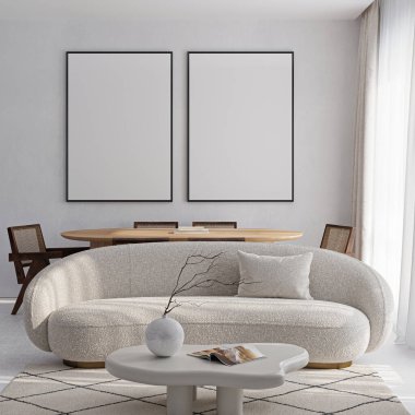 Çerçeve modeli, ISO. Kağıt boyutunda. Oturma odasının poster modeli. Evin arka planına sahip iç modeller. Modern iç tasarım. 3 Boyutlu Hazırlama