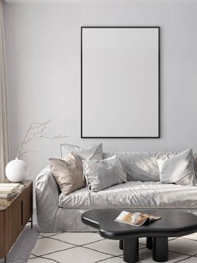 Çerçeve modeli, ISO. Kağıt boyutunda. Oturma odasının poster modeli. Evin arka planına sahip iç modeller. Modern iç tasarım. 3 Boyutlu Hazırlama