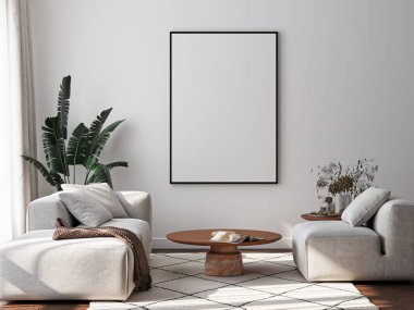 Çerçeve modeli, ISO. Kağıt boyutunda. Oturma odasının poster modeli. Evin arka planına sahip iç modeller. Modern iç tasarım. 3 Boyutlu Hazırlama