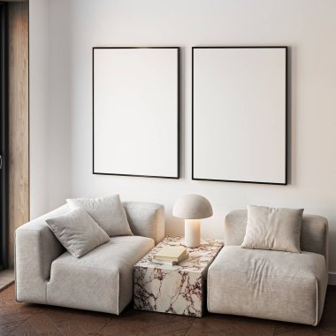 Çerçeve modeli, ISO. Kağıt boyutunda. Oturma odasının poster modeli. Evin arka planına sahip iç modeller. Modern iç tasarım. 3 Boyutlu Hazırlama