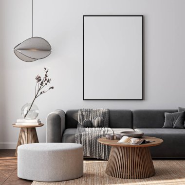 Çerçeve modeli, ISO. Kağıt boyutunda. Oturma odasının poster modeli. Evin arka planına sahip iç modeller. Modern iç tasarım. 3 Boyutlu Hazırlama