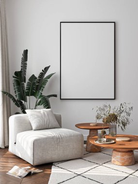 Çerçeve modeli, ISO. Kağıt boyutunda. Oturma odasının poster modeli. Evin arka planına sahip iç modeller. Modern iç tasarım. 3 Boyutlu Hazırlama