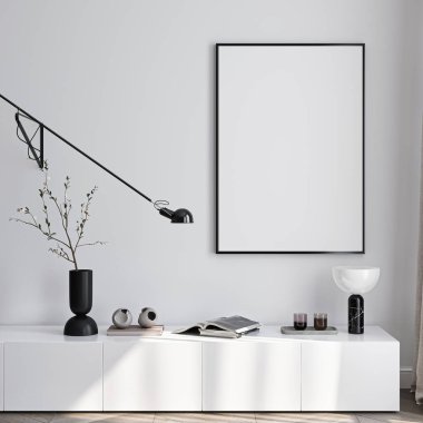 Çerçeve modeli, ISO. Kağıt boyutunda. Oturma odasının poster modeli. Evin arka planına sahip iç modeller. Modern iç tasarım. 3 Boyutlu Hazırlama