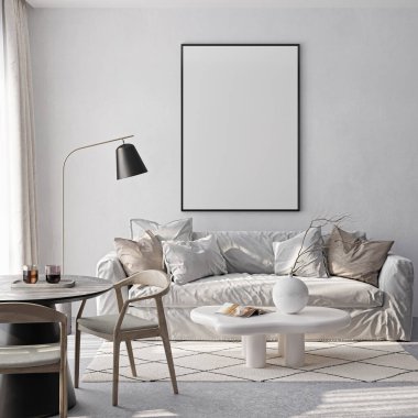 Çerçeve modeli, ISO. Kağıt boyutunda. Oturma odasının poster modeli. Evin arka planına sahip iç modeller. Modern iç tasarım. 3 Boyutlu Hazırlama