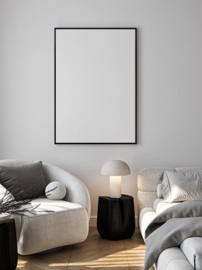 Çerçeve modeli, ISO. Kağıt boyutunda. Oturma odasının poster modeli. Evin arka planına sahip iç modeller. Modern iç tasarım. 3 Boyutlu Hazırlama