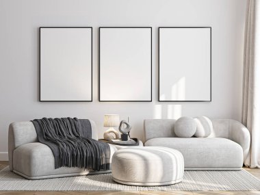 Çerçeve modeli, ISO. Kağıt boyutunda. Oturma odasının poster modeli. Evin arka planına sahip iç modeller. Modern iç tasarım. 3 Boyutlu Hazırlama