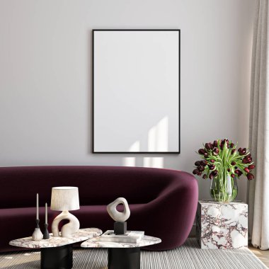 Çerçeve modeli, ISO. Kağıt boyutunda. Oturma odasının poster modeli. Evin arka planına sahip iç modeller. Modern iç tasarım. 3 Boyutlu Hazırlama