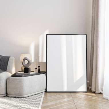 Çerçeve modeli, ISO. Kağıt boyutunda. Oturma odasının poster modeli. Evin arka planına sahip iç modeller. Modern iç tasarım. 3 Boyutlu Hazırlama