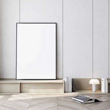 Çerçeve modeli, ISO. Kağıt boyutunda. Oturma odasının poster modeli. Evin arka planına sahip iç modeller. Modern iç tasarım. 3 Boyutlu Hazırlama