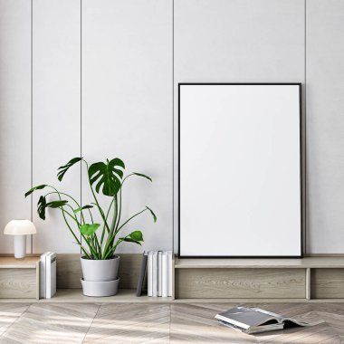 Çerçeve modeli, ISO. Kağıt boyutunda. Oturma odasının poster modeli. Evin arka planına sahip iç modeller. Modern iç tasarım. 3 Boyutlu Hazırlama