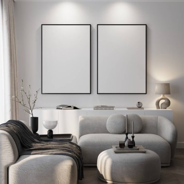 Çerçeve modeli, ISO. Kağıt boyutunda. Oturma odasının poster modeli. Evin arka planına sahip iç modeller. Modern iç tasarım. 3 Boyutlu Hazırlama