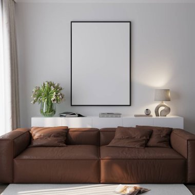 Çerçeve modeli, ISO. Kağıt boyutunda. Oturma odasının poster modeli. Evin arka planına sahip iç modeller. Modern iç tasarım. 3 Boyutlu Hazırlama