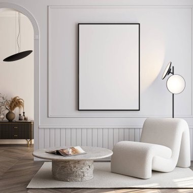 Çerçeve modeli, ISO. Kağıt boyutunda. Oturma odasının poster modeli. Evin arka planına sahip iç modeller. Modern iç tasarım. 3 Boyutlu Hazırlama