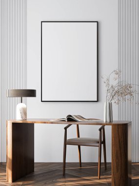 Çerçeve modeli, ISO. Kağıt boyutunda. Ev ofisinin poster modeli. Evin arka planına sahip iç modeller. Modern iç tasarım. 3 Boyutlu Hazırlama