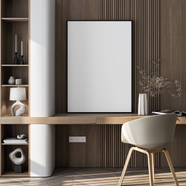 Çerçeve modeli, ISO. Kağıt boyutunda. Ev ofisinin poster modeli. Evin arka planına sahip iç modeller. Modern iç tasarım. 3 Boyutlu Hazırlama