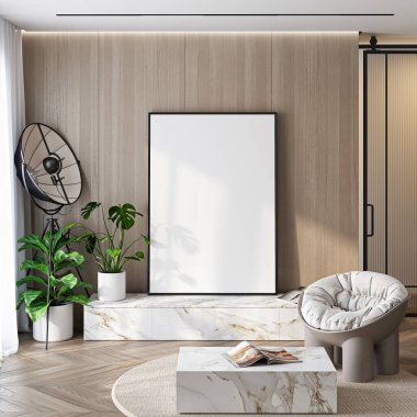 Çerçeve modeli, ISO. Kağıt boyutunda. Oturma odasının poster modeli. Evin arka planına sahip iç modeller. Modern iç tasarım. 3 Boyutlu Hazırlama