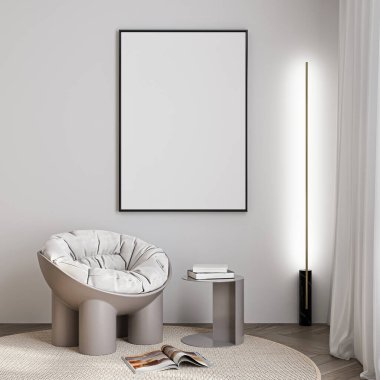 Çerçeve modeli, ISO. Kağıt boyutunda. Oturma odasının poster modeli. Evin arka planına sahip iç modeller. Modern iç tasarım. 3 Boyutlu Hazırlama