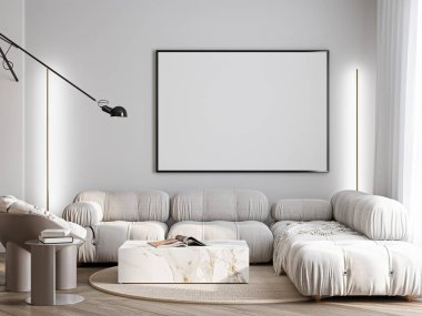 Çerçeve modeli, ISO. Kağıt boyutunda. Oturma odasının poster modeli. Evin arka planına sahip iç modeller. Modern iç tasarım. 3 Boyutlu Hazırlama