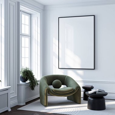 Çerçeve modeli, ISO. Kağıt boyutunda. Oturma odasının poster modeli. Evin arka planına sahip iç modeller. Modern iç tasarım. 3 Boyutlu Hazırlama