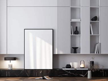 Çerçeve modeli, ISO. Kağıt boyutunda. Oturma odasının poster modeli. Evin arka planına sahip iç modeller. Modern iç tasarım. 3 Boyutlu Hazırlama