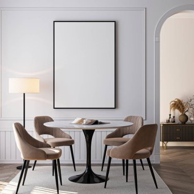 Çerçeve modeli, ISO. Kağıt boyutunda. Oturma odasının poster modeli. Evin arka planına sahip iç modeller. Modern iç tasarım. 3 Boyutlu Hazırlama