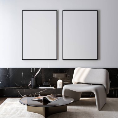 Çerçeve modeli, ISO. Kağıt boyutunda. Oturma odasının poster modeli. Evin arka planına sahip iç modeller. Modern iç tasarım. 3 Boyutlu Hazırlama