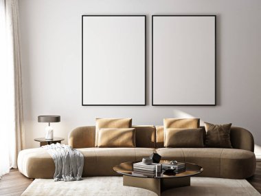 Çerçeve modeli, ISO. Kağıt boyutunda. Oturma odasının poster modeli. Evin arka planına sahip iç modeller. Modern iç tasarım. 3 Boyutlu Hazırlama