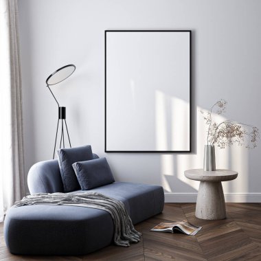 Çerçeve modeli, ISO. Kağıt boyutunda. Oturma odasının poster modeli. Evin arka planına sahip iç modeller. Modern iç tasarım. 3 Boyutlu Hazırlama