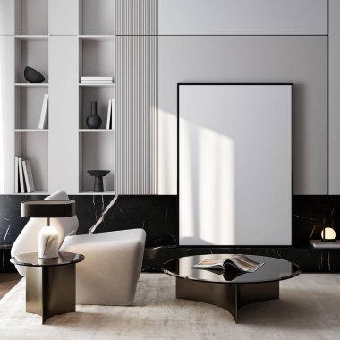 Çerçeve modeli, ISO. Kağıt boyutunda. Oturma odasının poster modeli. Evin arka planına sahip iç modeller. Modern iç tasarım. 3 Boyutlu Hazırlama