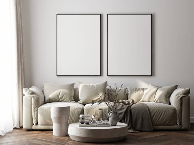 Çerçeve modeli, ISO. Kağıt boyutunda. Oturma odasının poster modeli. Evin arka planına sahip iç modeller. Modern iç tasarım. 3 Boyutlu Hazırlama