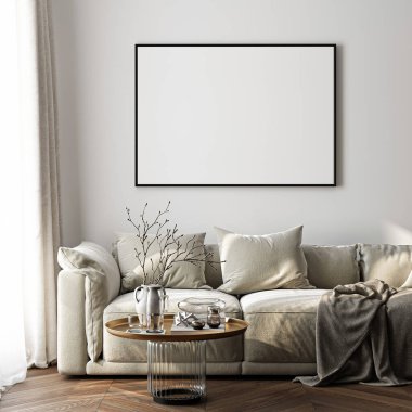 Çerçeve modeli, ISO. Kağıt boyutunda. Oturma odasının poster modeli. Evin arka planına sahip iç modeller. Modern iç tasarım. 3 Boyutlu Hazırlama