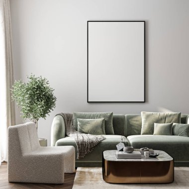 Çerçeve modeli, ISO. Kağıt boyutunda. Oturma odasının poster modeli. Evin arka planına sahip iç modeller. Modern iç tasarım. 3 Boyutlu Hazırlama