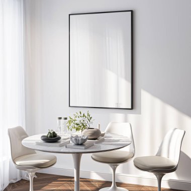 Çerçeve modeli, ISO. Kağıt boyutunda. Oturma odasının poster modeli. Evin arka planına sahip iç modeller. Modern iç tasarım. 3 Boyutlu Hazırlama