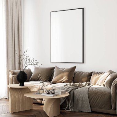 Çerçeve modeli, ISO. Kağıt boyutunda. Oturma odasının poster modeli. Evin arka planına sahip iç modeller. Modern iç tasarım. 3 Boyutlu Hazırlama